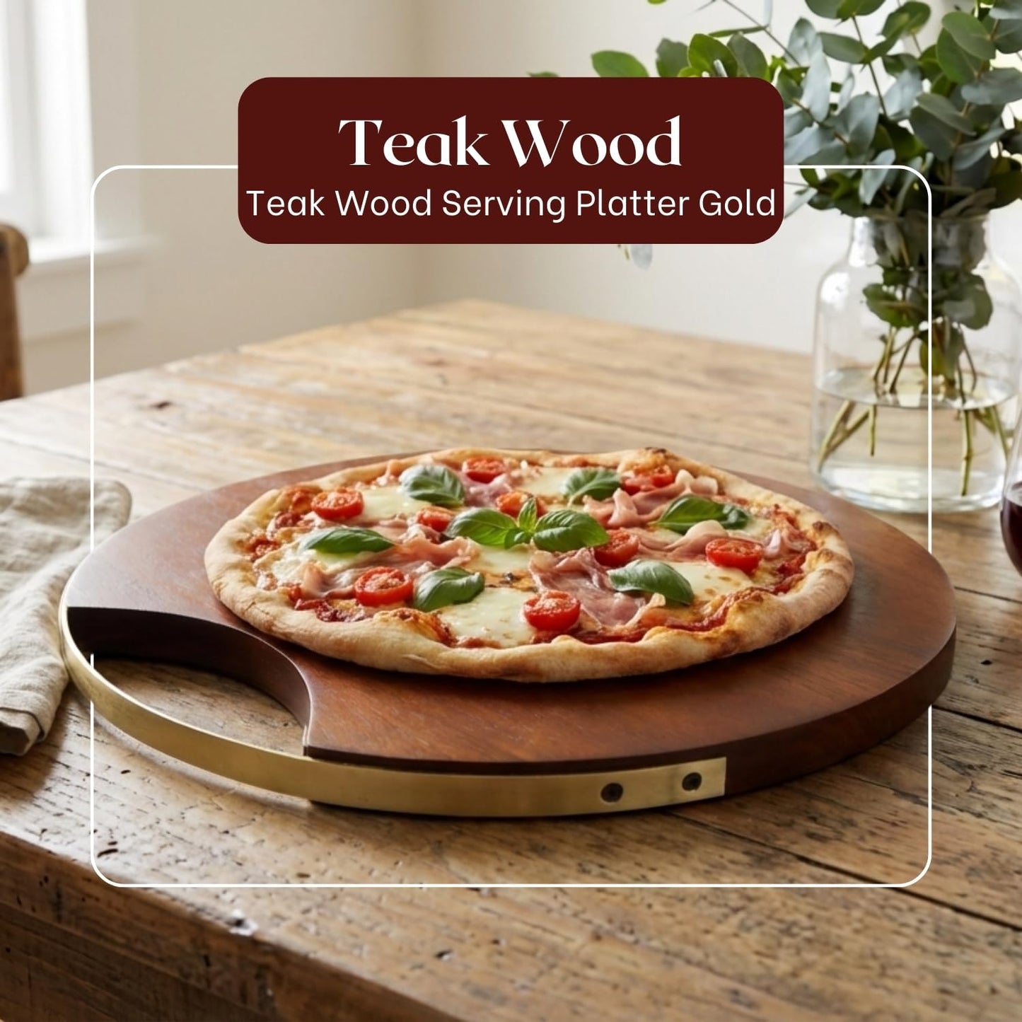 nestroots Round Wood Tray, Teak Wooden Serving Tray with Handle, 14" Serving Platter, Appetizer Charcuterie Board, Organizer Tray for Kitchen/Countertop