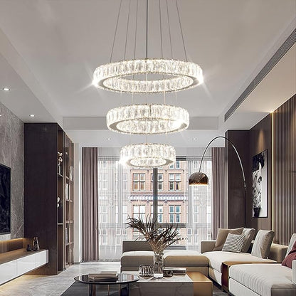 FRIXCHUR Dimmable Modern LED Chandelier 3 Ring Pendant Light Crystal Chandelier for Dining Room Living Room Bedroom,3 Colors Adjustable