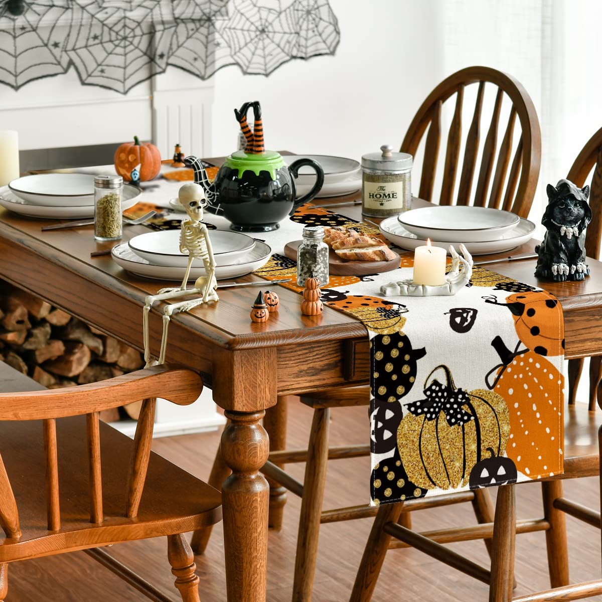 Artoid Mode Halloween Jack-O-Lantern Pumpkin Table Runner, Holiday Kitchen Dining Table Decoration for Indoor Outdoor Home Party Decor 13 x 108 Inch