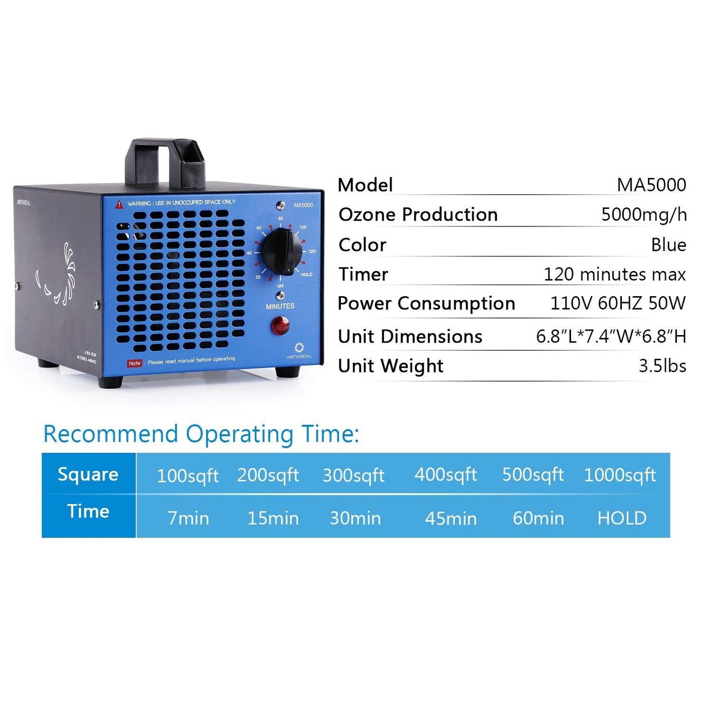 Airthereal MA5000 Commercial Ozone Generator, High Capacity Ozone Machine Odor Removal - Home Air Ionizers O3 Deodorizer for Rooms, Smoke, Cars and Pets, Eliminate Odors up to 2000sq.ft., Blue