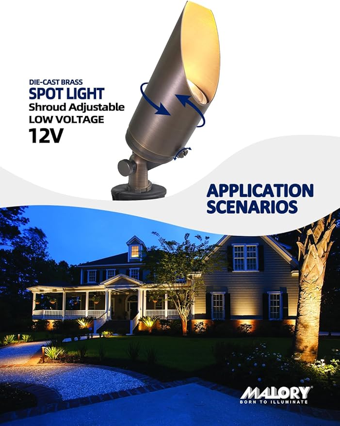 MALORY Brass Landscape Spotlight 4-Pack with 5W LED MR16 Bulb Kit(S03), 12V AC/DC Low Voltage Outdoor Landscape Lighting Shroud Adjustable,Ground Stake and Wire Connector Included,2700K Warm White