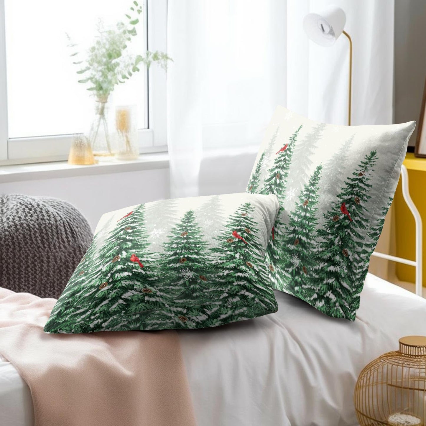 Winter Cardinal Bird Pillow Covers 16x16 Inch,Christmas Pine Tree Throw Pillow Covers Snow Forest Green Trees Cushion Cover Set of 2 Soft Cotton Pillow Cases Square for Home Sofa Living Room Decor