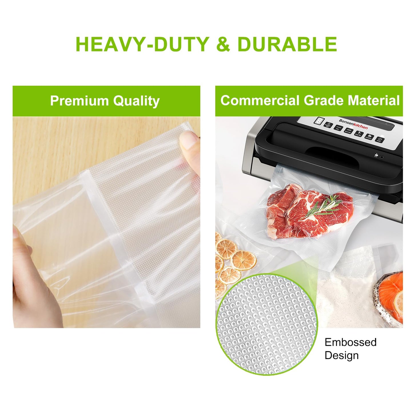 Bonsenkitchen Precut Vacuum Sealer Bags 200 Quart 8" x 12", BPA Free, Commercial Grade Textured Food Vacuum Sealer Bag, Thick Embossed Bags for Storage and Sous Vide Cooking VB3208