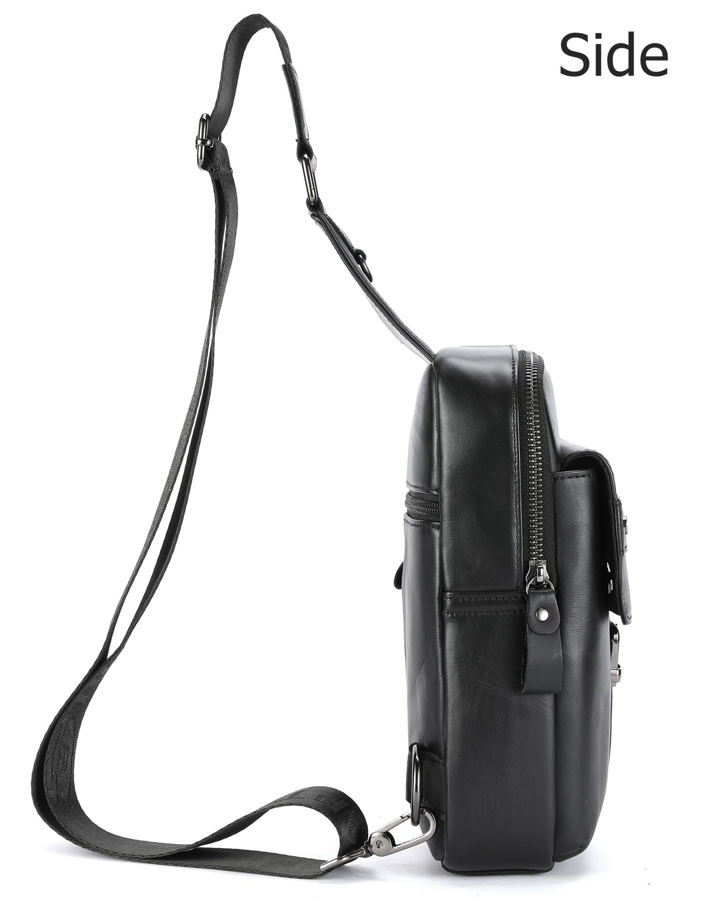 BULLCAPTAIN Men's Leather Samll Crossbody Backpack Sling Chest Bag for Hiking Travel (Black)