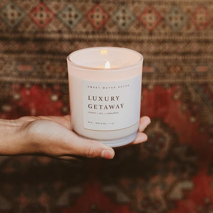 Sweet Water Decor Luxury Getaway Scented Candles - Soy Candles with Lemon, Cedarwood, Cinnamon, Vetiver, Amber & Musk Home Scent - Candle Wax with 50 Hours Burn Time - 11Oz Wood Lid White Jar Candles