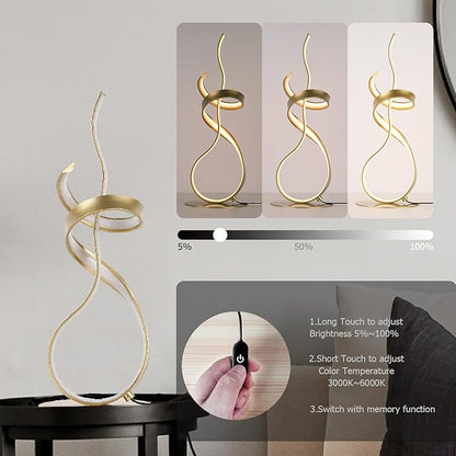 Gold Art Spiral 24W LED Table Lamp with Touch Remote Dimmer, 22" Unique Creative Stylish Smart Lamp, LED Desk Lamp for Dining Room, Bedroom, Bedside, Restaurant, Bar (Gold)