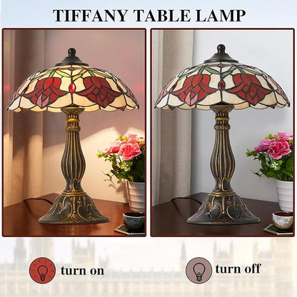 Tiffany Style Table Lamp, Vintage Style Desk Lamp with Stained Glass Shade, Mid Century Modern Bedside Nightstand Decorative Lamps Unique Accent Light for Bedroom Living Room ect