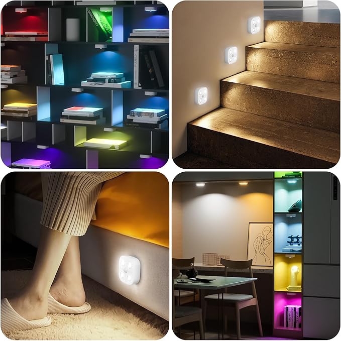 Wireless Step Light Rechargeable Puck Lights with Charging Station, RGB Motion Sensor Puck Light Under Cabinet Lighting with Remote Control, LED Closet Lights for Stair, Kitchen (6 Pcs)