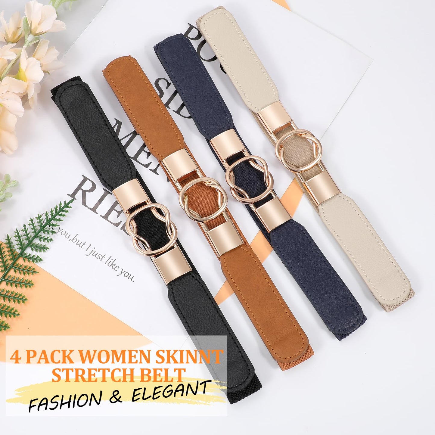WERFORU Women Skinny Belt for Dresses Retro Stretch Waist Belt with Gold Buckle Set of 4,Black+Brown+Blue+Beige
