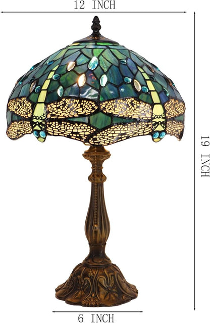 Tiffany Lamp Stained Glass Table Lamp Bedside Reading Light W12H19 Inches (Sea Blue Dragonfly Style)