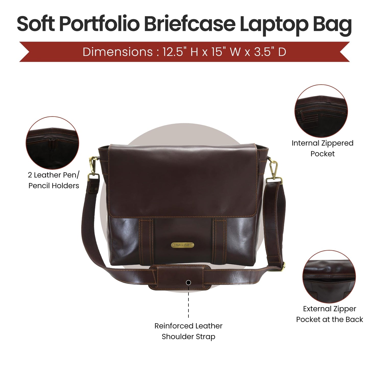 Style N Craft Messenger Bag, Full-Grain Leather Soft Briefcase Laptop Bag for Men and Women, Dark Brown (392005)
