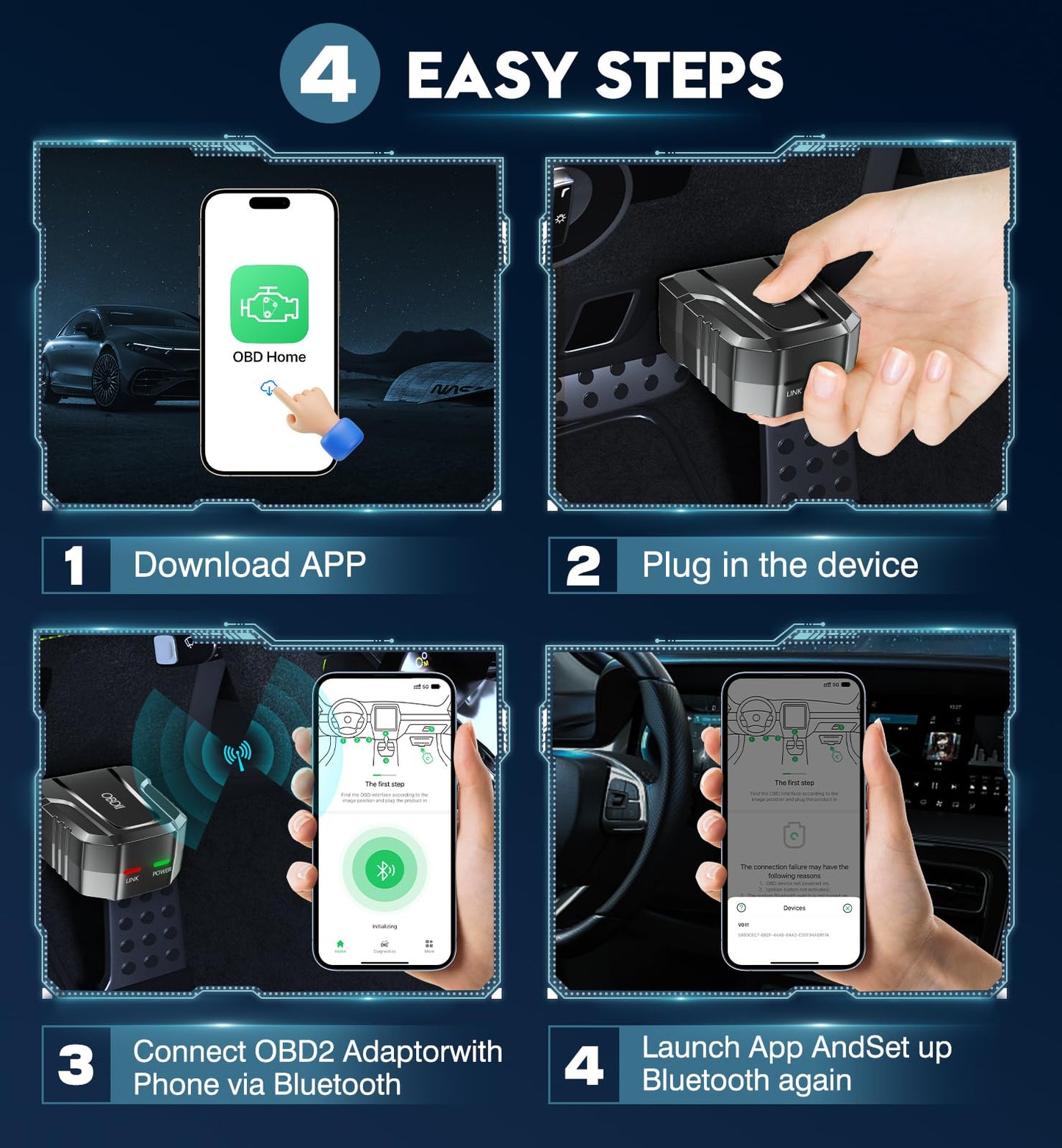 OBD2 Scanner Reader Bluetooth Wireless Auto Diagnostic Scan Tool for iOS & Android for Performance Test Bluetooth 5.4 Car Check Engine Car Code Reader, Clear Error Code Live Data Reset Exclusive APP
