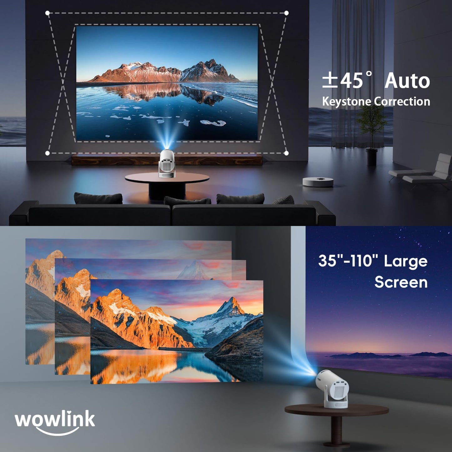 [Built-in Apps & 2025 Upgraded] Mini Projector with WiFi 6 and Bluetooth 5.4 Support 4K 1080P Auto Keystone 180° Rotatable Projector Portable Compatibile with HDMI/TV Stick/Memory Stick/Laptop, White