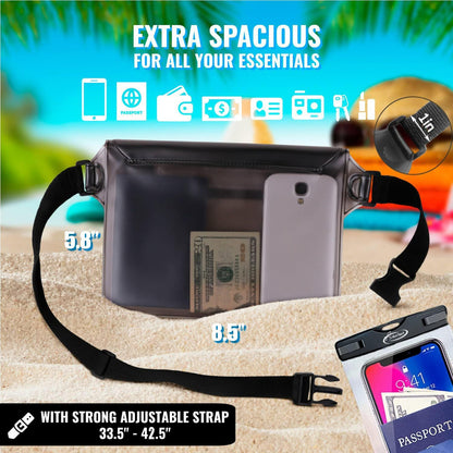 AiRunTech Waterproof Dry Bag and Waterproof Cell Phone Bag for Outdoor Water Sports, Boating, Hiking,Kayaking,Fishing (2 * Phone case(Clear) + 2 * Fanny Pack(Black+Gray))