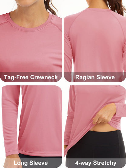 MAGCOMSEN Sun Protection Shirts for Women Performance Athletic Shirts Rashguard Shirts Workout Shirts for Women Long Sleeve Shirts T Shirts for Women Grey Pink