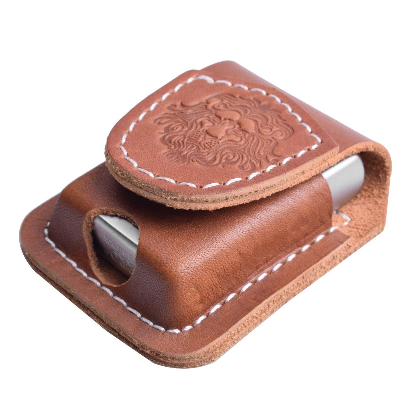 Handmade Fliptop Leather Lighter Pouch Holder Case with Pocket Belt Loop (Lion-Brown)