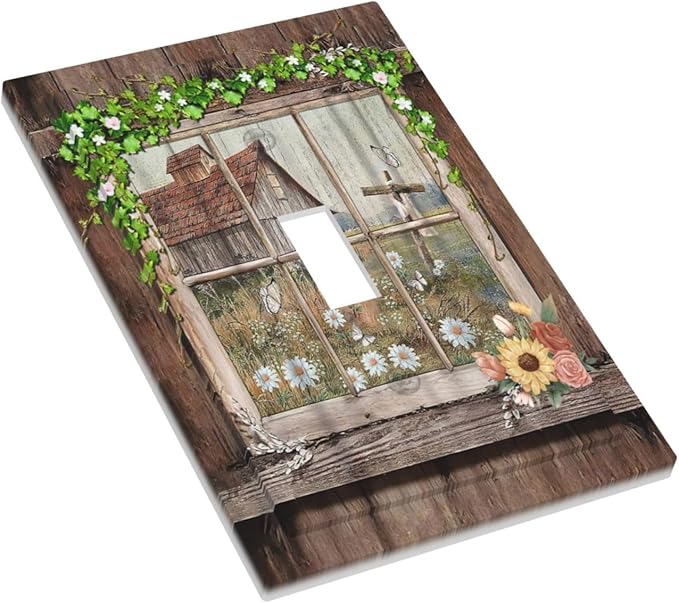 Farm Barn Farmhouse Rustic Country Flower Single Toggle Light Switch Plates Cover Decorative 1 Gang Wall Plate Electrica Faceplate for Bathroom Bedroom Decorate Accessories