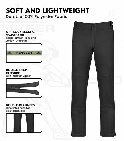 Penveer Youth Baseball Pants, Full Length Open Bottom Boys Baseball Pants with Durable Snap, Softball Pants, T Ball Pants (Black, YXS)