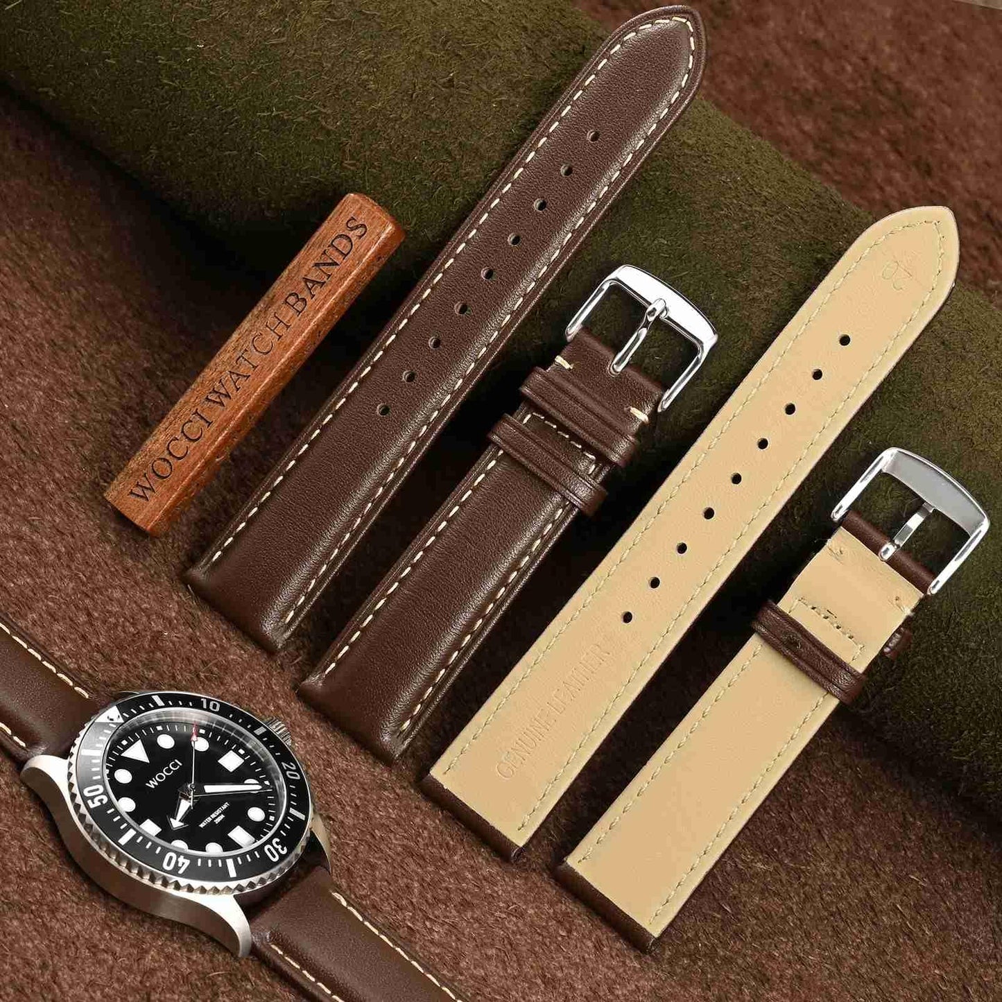 WOCCI 19mm Vintage Leather Watch Band for Men and Women, Silver Buckle (Dark Brown/Contrasting Stitch)