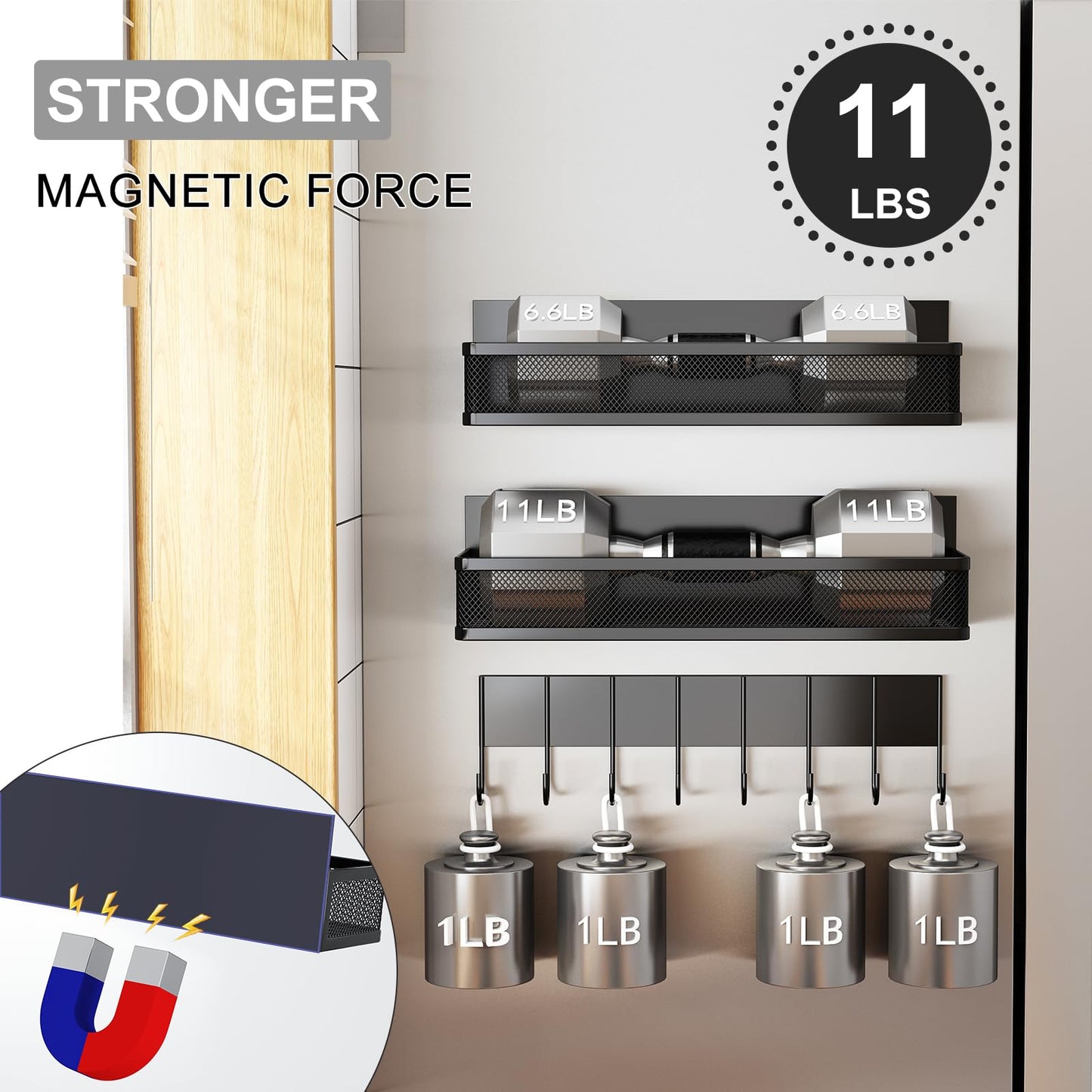 Magnetic Spice Rack for Refrigerator, 4 Pack Magnetic Shelf, Fridge Magnet Organizer with Moveable 8 Hooks, Magnetic Fridge Shelf for Kitchen Organization and Storage (4 Pack)