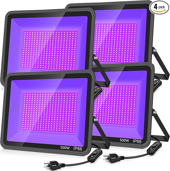 500W 4 Pack LED Black Light,Black Flood Light Outdoor with Plug and Switch, IP66 Waterproof 395nm to 405nm LED UV Blacklight Neon Glow for Glow Party, Halloween, Fluorescent Poster, Body Paint