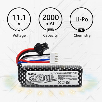 elxjarpower (4-Pack) 11.1V 2000mAh Li-Po Rechargeable Battery with SM2P Plug & USB Cable, Compatible with WPL RES V-3 ESC 1/16 RC Crawler, 501855 Soft-Gun & Water-Gun Toys