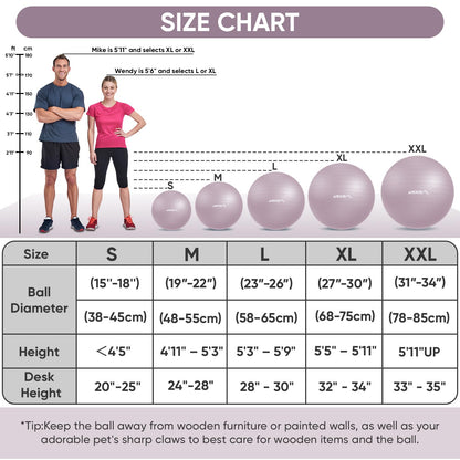 APEXUP Yoga Ball, 660 lbs Anti-Burst Exercise Ball with Pump, 5 Sizes (S (15"~18") 45cm, Mauve)