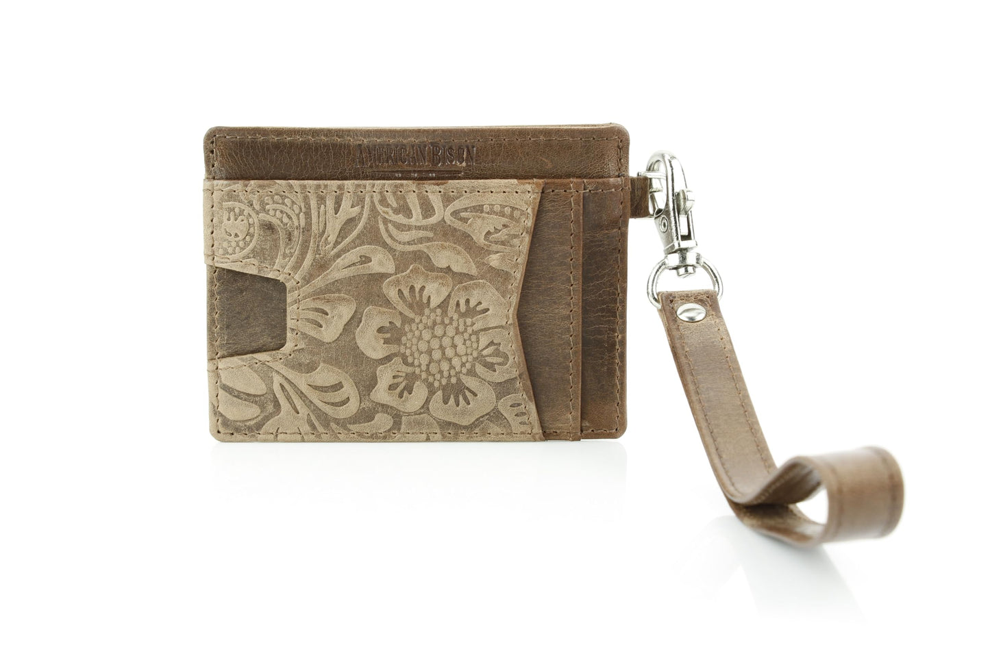 American Bison Embossed Floral Wristlet Wallet for Women – Small ID Card Holder with Credit Card Slots & Pull Tab Organizer – Compact Leather Wrist Strap Clutch (Brown)