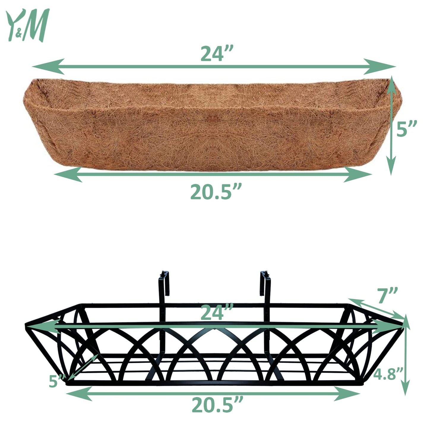 Y&M 4pcs 24 Inch Planter, Metal Window Boxes with Coco Liner, Indoor Outdoor Hanging Flower Planter for Garden, Lawn, Balcony, Porch, Fence, Patio Rail