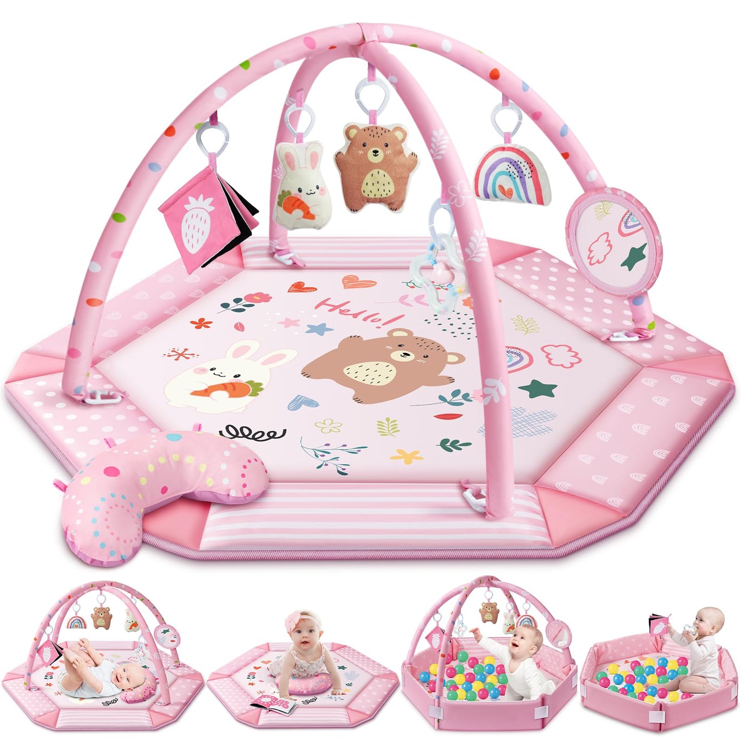 Baby Gym Play Mat, 8-in-1 Tummy Time Mat & Ball Pit with 6 Toys, Washable Baby Activity Mat for Visual, Hearing, Sensory, Motor Development, Baby Gift Newborn Infant 0-3-6-9-12 Months (Pink)