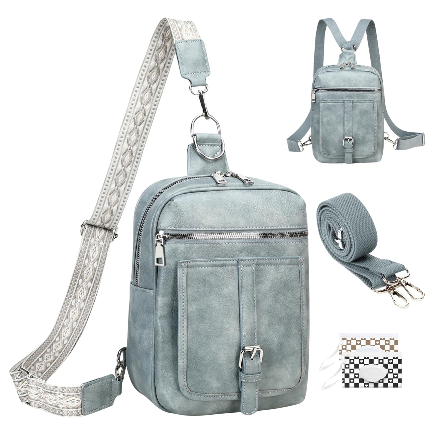 MYHOZEE Small Diaper Bag Crossbody Sling 2 in 1 Backpack Purse with 2 Wipes Pouch and 2 Removable Straps PU Leather Cross Body Bag for Women Men Front Chest Shoulder Bags, Denim Blue