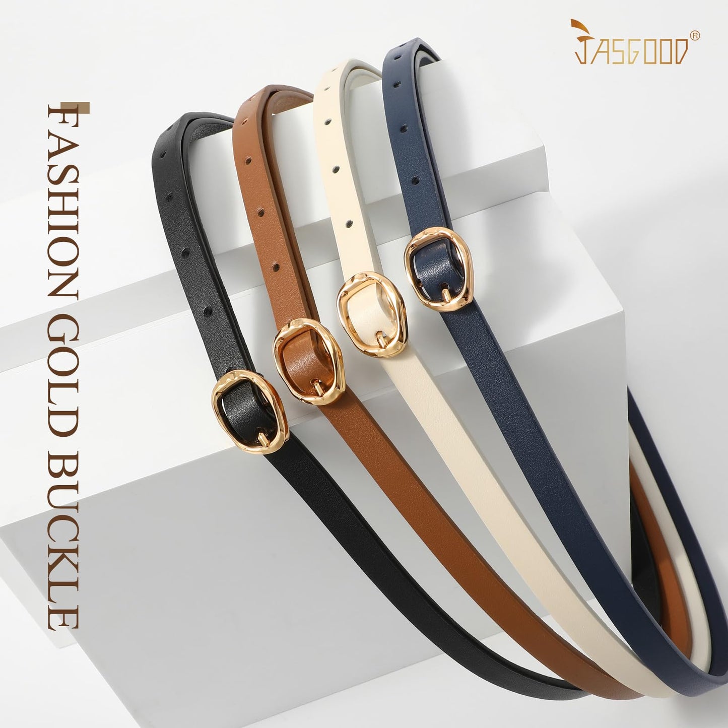 JASGOOD 4 Pack Women Skinny Leather Belts Slim Thin Belt for Dresses Jeans Pants Ladies Small Waist Belt