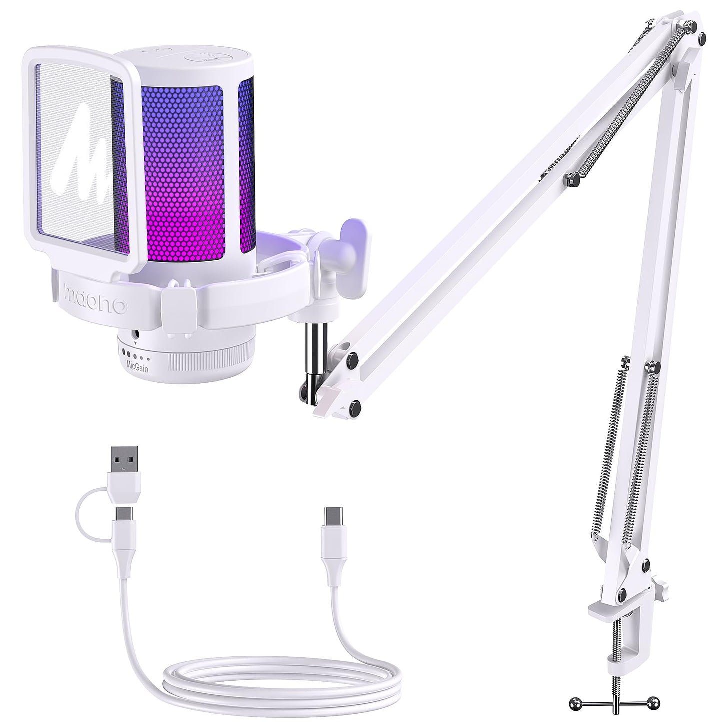 MAONO USB Gaming Microphone with Noise Cancellation, Computer PC Mic with Boom Arm, RGB Light, Mute, Gain, Monitoring Streaming Mic for Podcast, YouTube, Twitch, Discord, PS5/4, GamerWave DGM20S