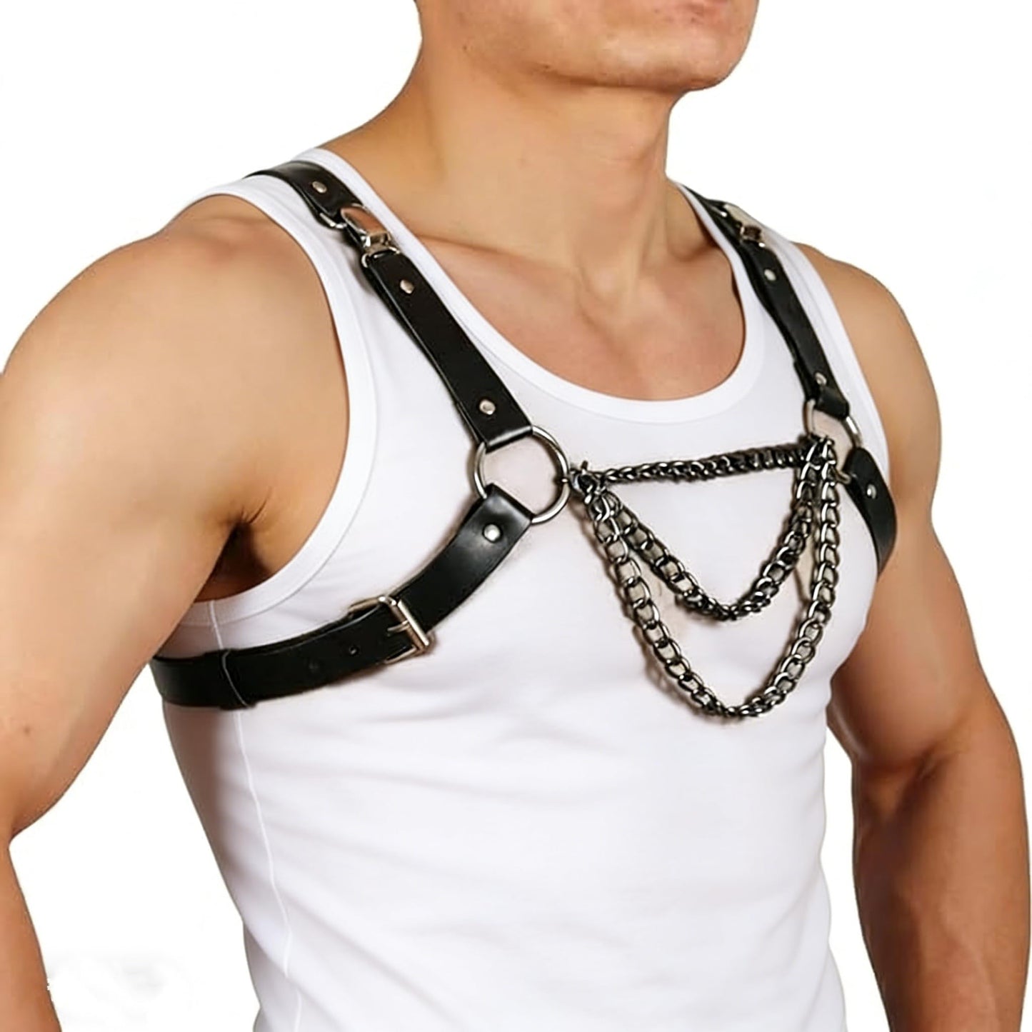 Pfylinqo Men's Sexy PU Leather Chest Harness with Metal Chains, Adjustable Punk Gothic Body Harness for Cosplay Halloween, Festival & Nightclub Outfits