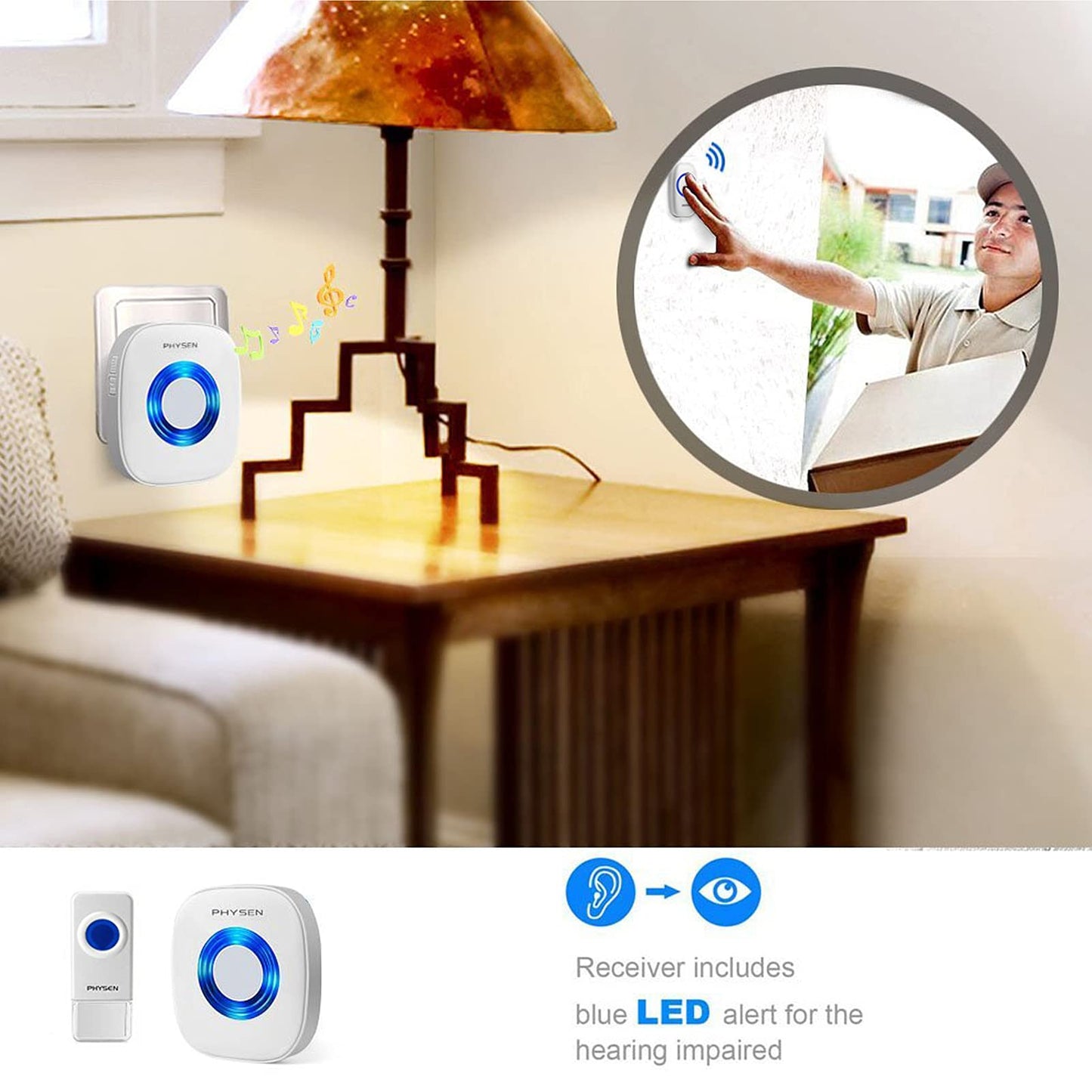Wireless Doorbell, PHYSEN Waterproof Door bell Chime Kit Operating at 1300-ft Range 58 Adjustable Melodies 5 Volume Levels & LED Flash, Doorbell Alarm for Home/Classroom, 2 Push Buttons+4 Receivers
