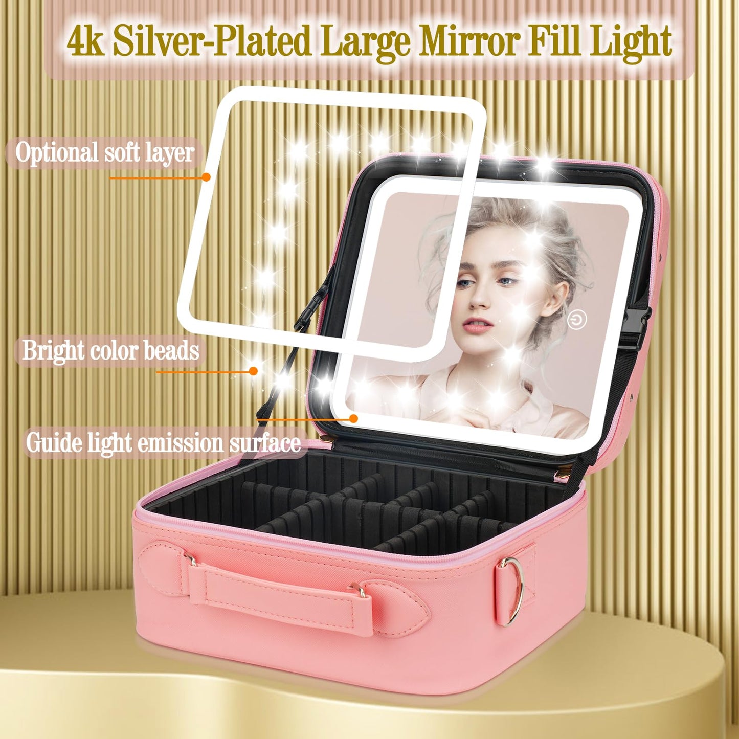 Travel Makeup Bag with Light Up Mirror,Makeup Travel Case with adjustable dividers,Waterproof Makeup Train Case,lighted Makeup Case with Detachable Mirror
