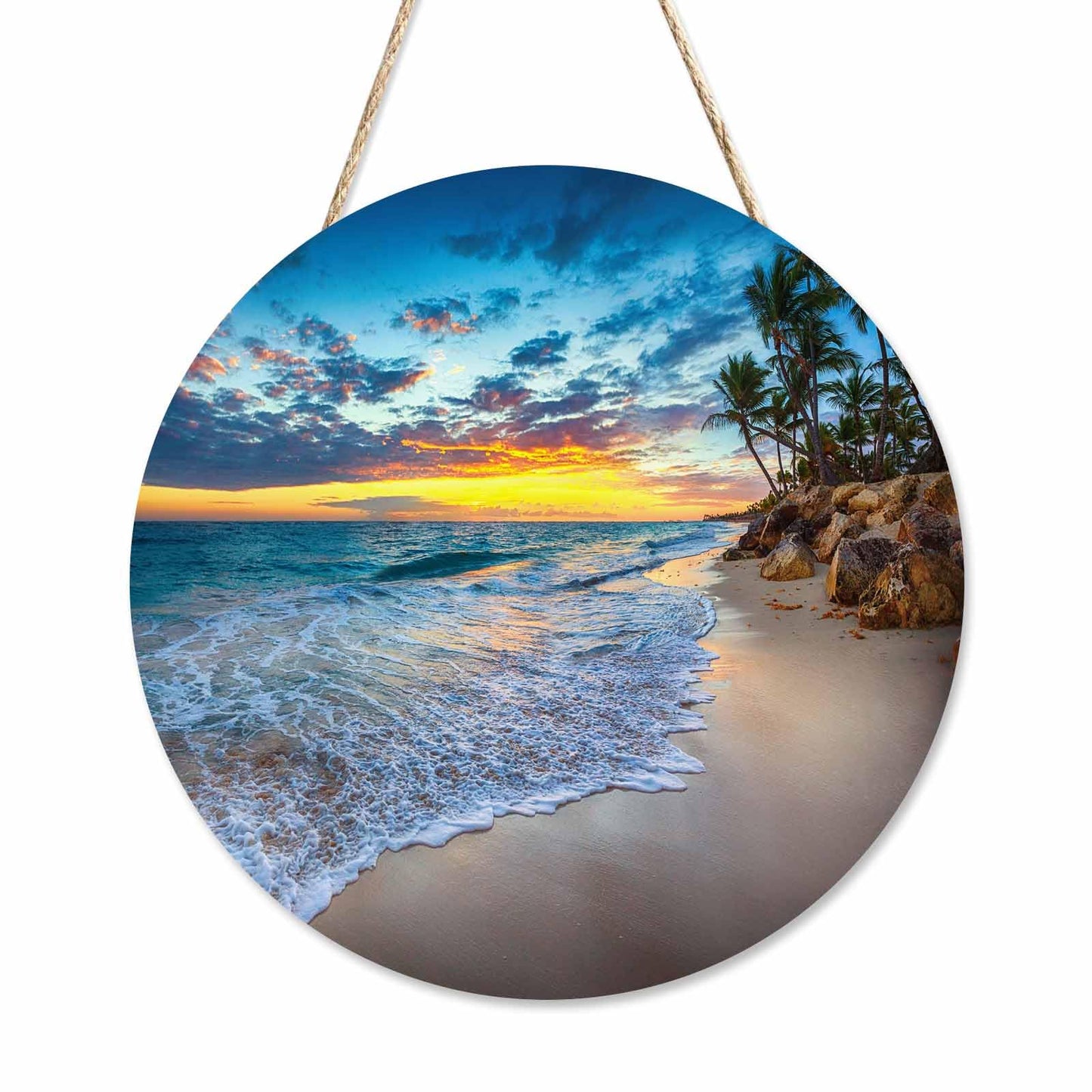 Beabes Welcome Sign Rustic Round Sign Front Door Wreaths Beauty Sunset Beaches for Outdoor Indoor Wall Hanging Decorations 12x12in