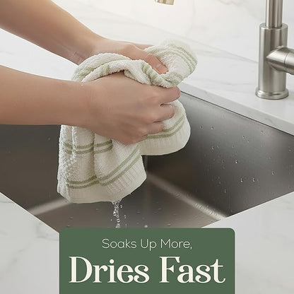 MosJos Kitchen Towels, Cotton Hand Towels, Sage Green and Cream Ribbed