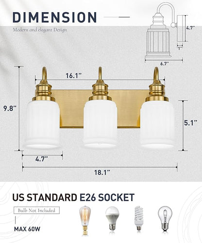 3-Light Bathroom Light Fixture, HWH Modern Vanity Light, Brushed Gold Wall Light Over Mirror, Frosted White Bell-Shaped Glass, 5HZG106B-3W BG