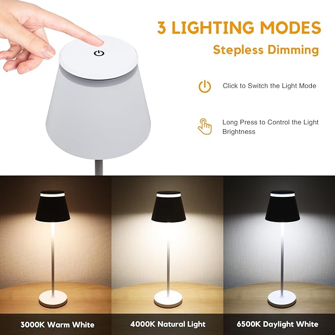 Cordless Table Lamp Rechargeable Set of 2,Battery Operated Desk Lamp 5000mAh,Waterproof Touch Dimmable Light with Remote,3 Color Stepless Dimming Up,for Bedroom/Office/Bars/Camping. (White)