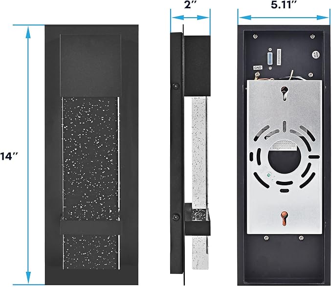LUXRITE Modern LED Outdoor Wall Light, Seeded Bubble Glass Wall Sconce, 3CCT 3000K 4000K 5000K, 14 Inch, 12W, Black Aluminum, IP65 Waterproof, ETL, Exterior Porch Light, Front Door, Patio (2 Pack)