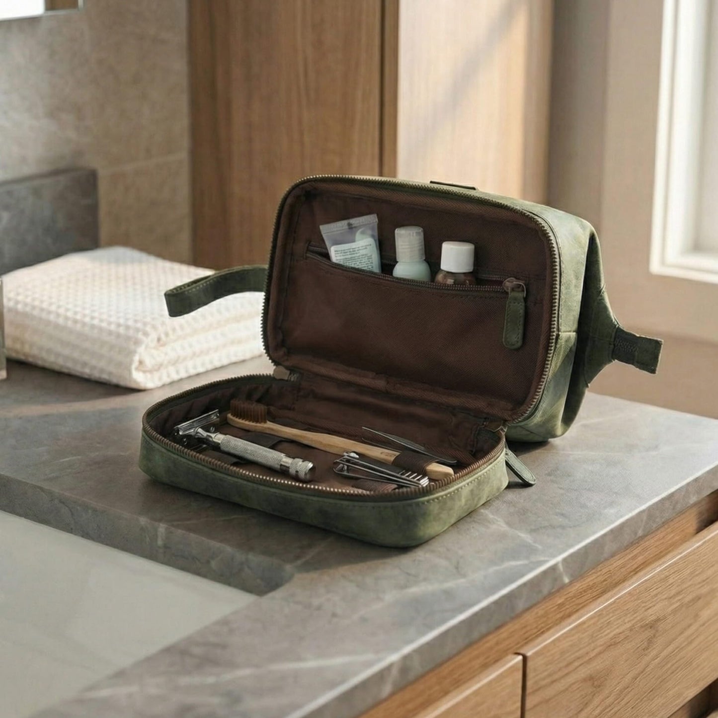 LEATHER VILLAGE Genuine Leather Dopp Kit – Large Travel Toiletry Bag with Waterproof Lining, Dual-Zip Design for Men & Women, Organizer for Shaving, Makeup & Essentials - Olive