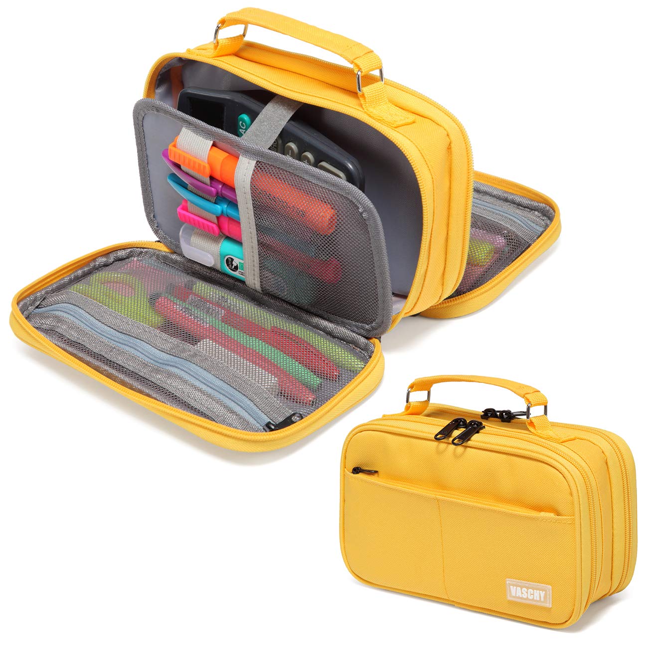 VASCHY Pencil Case, Large Pencil Pouch with Compartments for Middle School,Work,Office Pen Organizer Holder School Supply Yellow