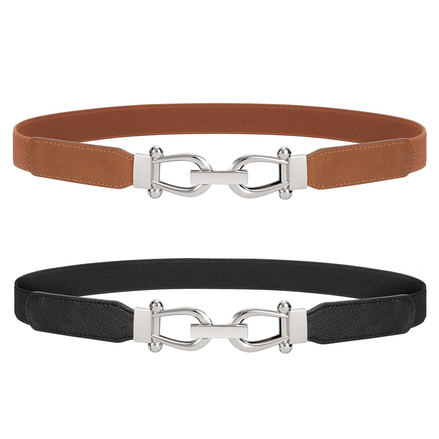 JASGOOD Women Stretchy Waist Belt Retro Elastic Skinny Belt for Ladies with Silver Buckle 2 Pack