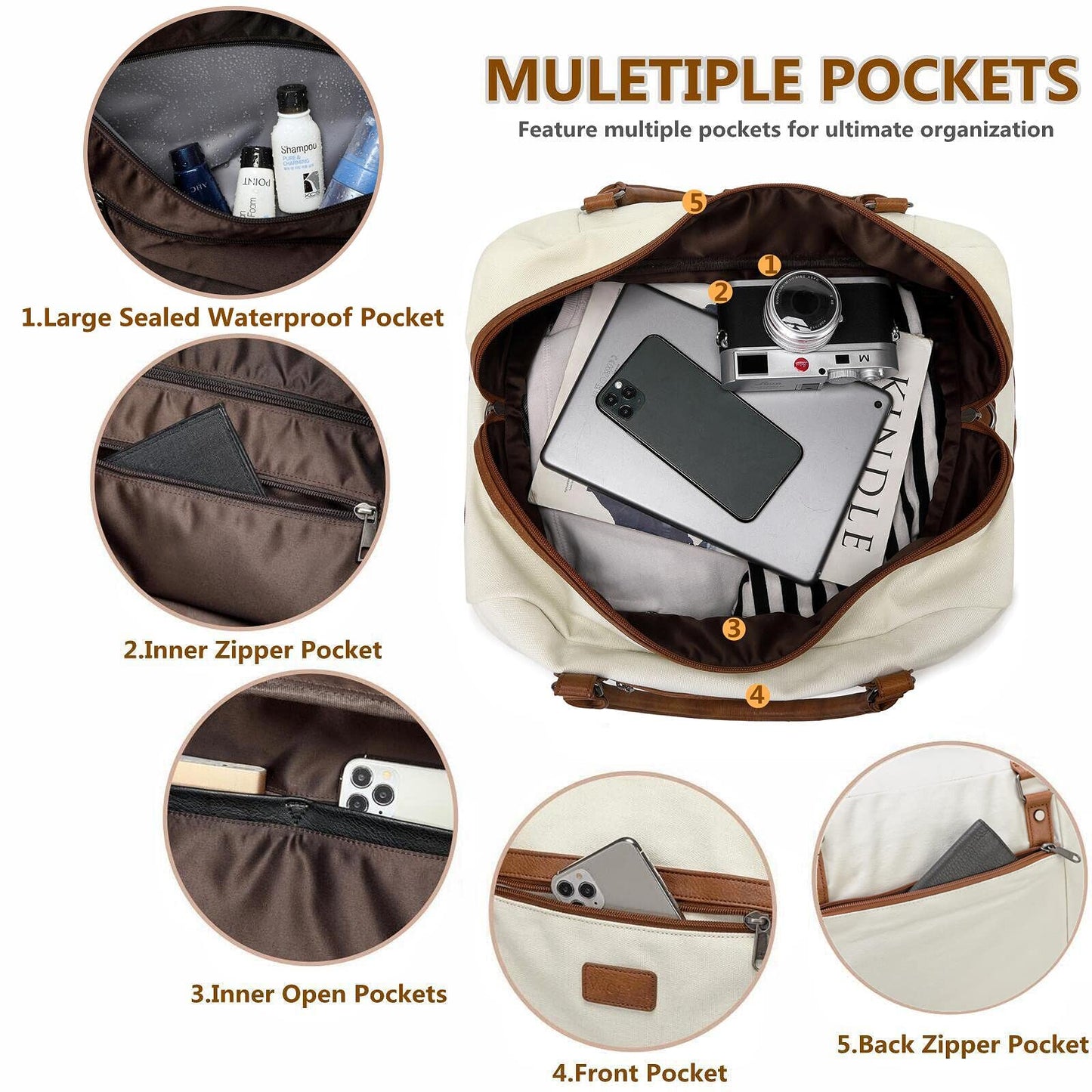 Wogarl 4PCS Weekender Bags for Women Large Overnight Weekend Travel Duffel Carry on Shoulder with Shoe Compartment Canvas Toiletry Bag for Travel Business Gym,Beige