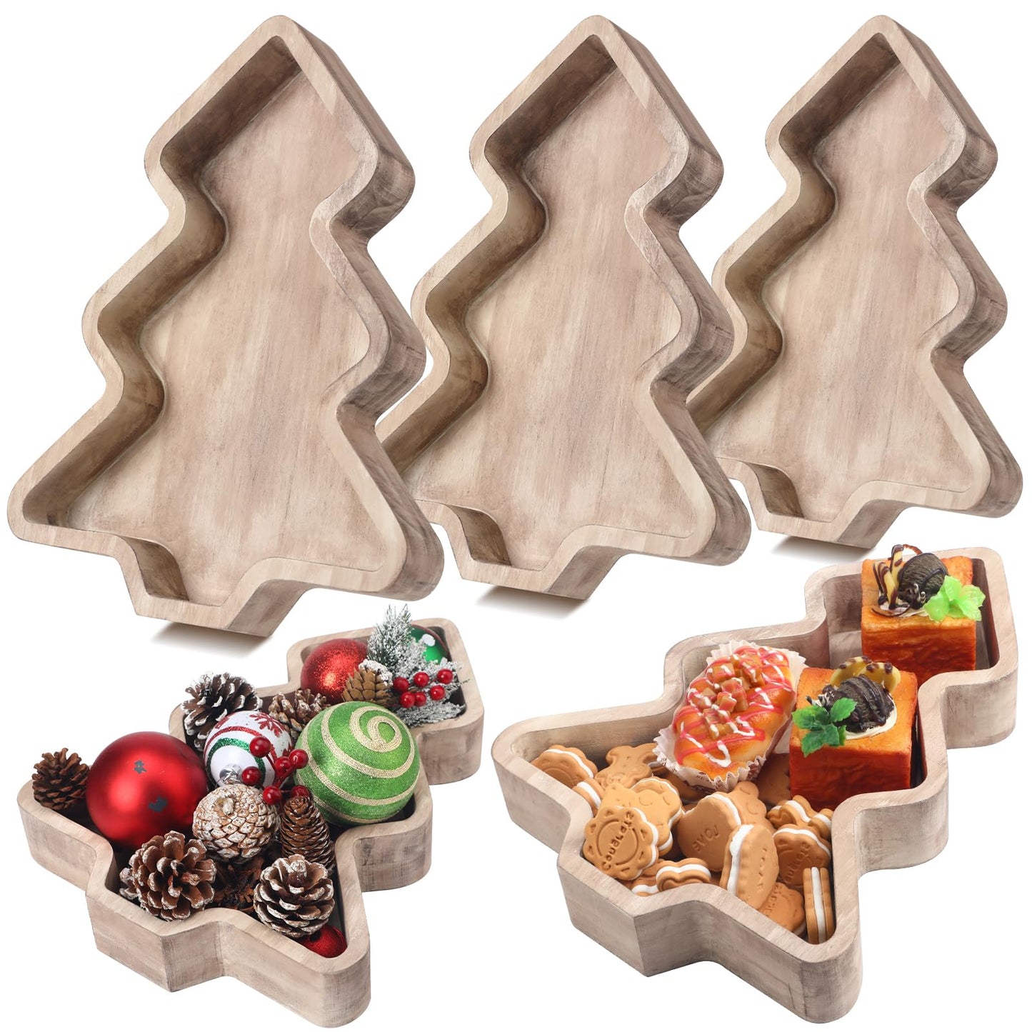 Sliner 3 Pcs Wooden Christmas Tree Trays Christmas Serving Decorative Platter Food Serving Dishes Rustic Farmhouse Style Fruit Platter Tray for Xmas Holiday Party Housewarming Gift Kitchen Dinnerware
