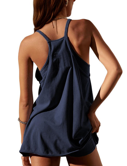 Lentta Womens Athletic Sleeveless Mini Dress with Built-in Shorts V Neck Spaghetti Strap Sundress(DarkBlue-XS)