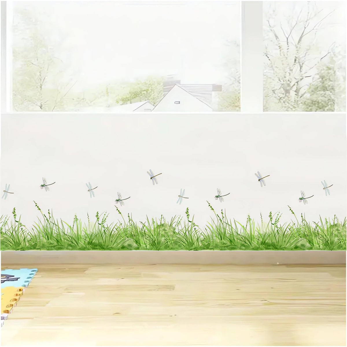 sacinora Fresh Green Grass Dragonfly Wall Stickers, Nature Green Plants Wall Decals Removable Vinyl Peel and Stick Baseboard Border Kitchen Bedroom Living Room Art Home Decor