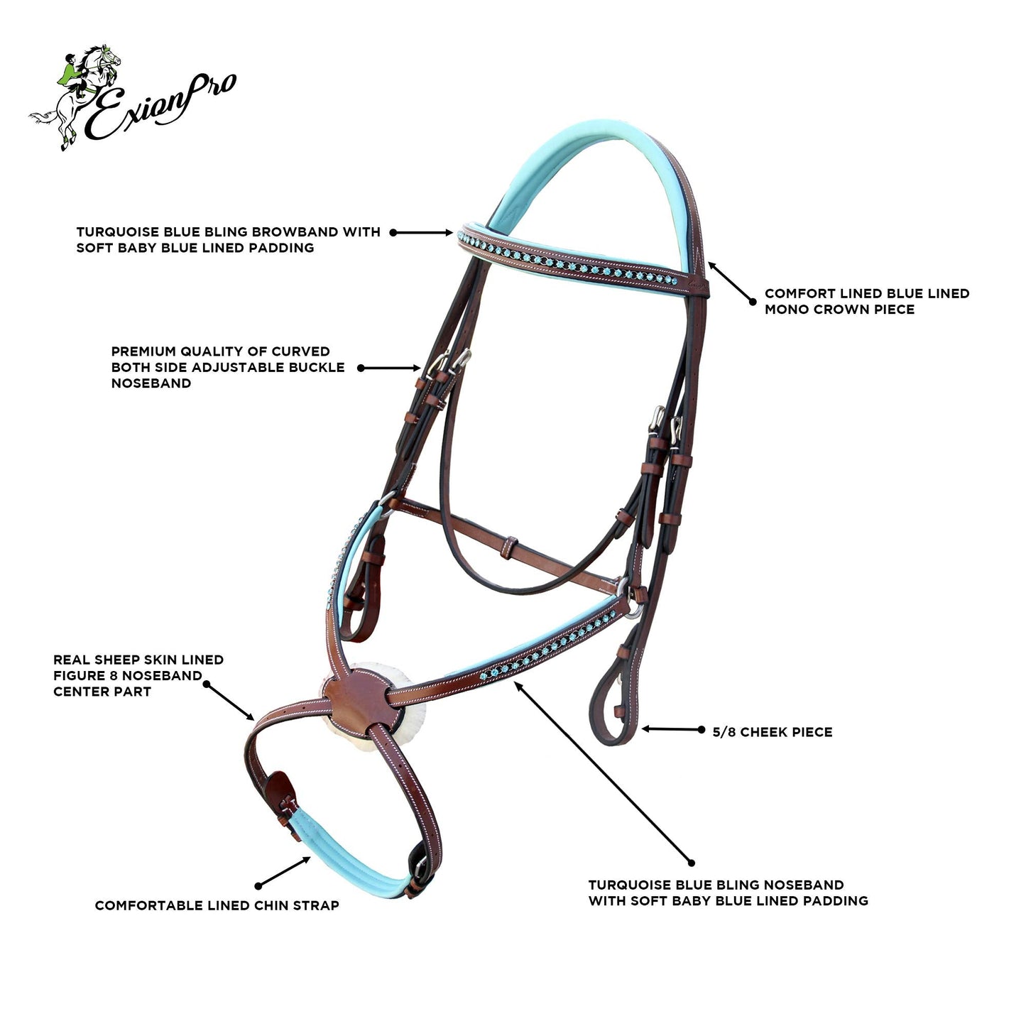 Exion Blue Bling Browband and Figure 8 Noseband Horse Bridle with Blue Soft Lined Crown Piece and Rubber Reins | Royal Figure Eight Blue English Bridle.