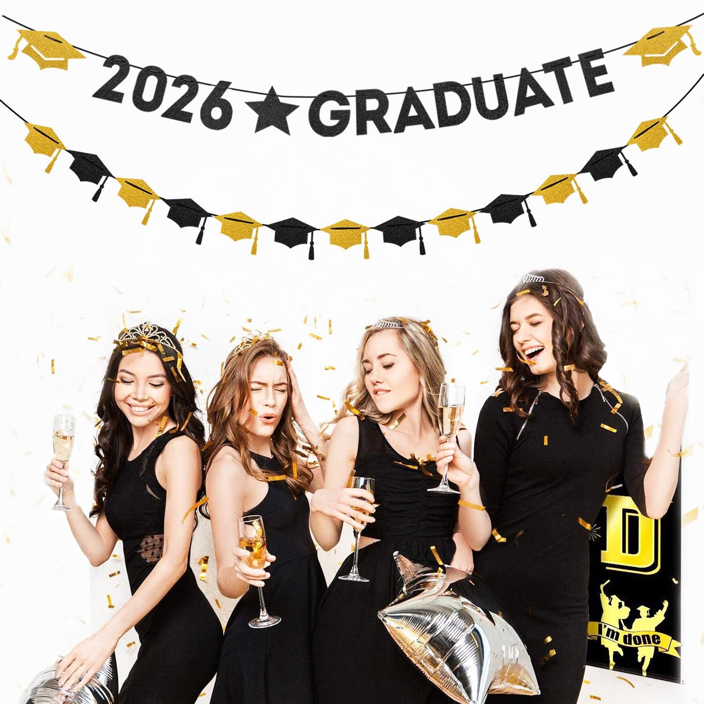 Black White-Gold Party-Decoration Graduation Banner - 8pcs Kits Cap Garland Streamers, Paper Tissue Pom Poms Flowers, 2026 Graduate Banner Congratulations Grad Decor Lasting Surprise